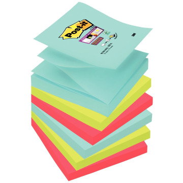 Lot de 6 blocs de 90 feuilles Z-Notes Super Sticky post-it, 76x76 mm, couleurs Miami : bleu océan, vert néon et coquelicot