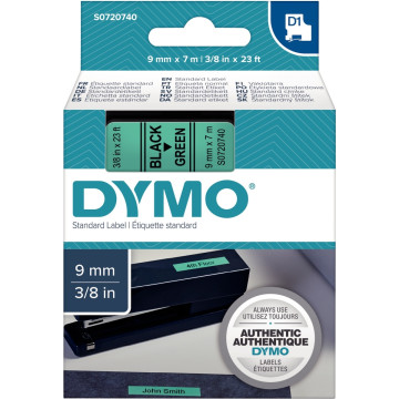 Ruban cassette Dymo 9 mm x 7 m noir et vert