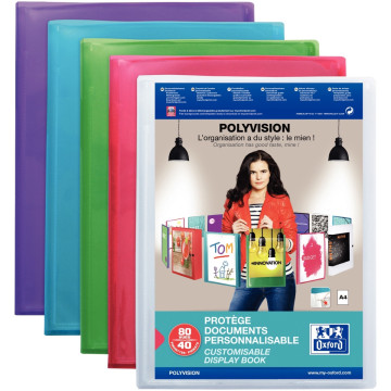 Protège-documents personnalisable 100 pochettes 200 vues pour format A4 21x29,7 cm 5 couleurs assorties: bleu incolore rose viol