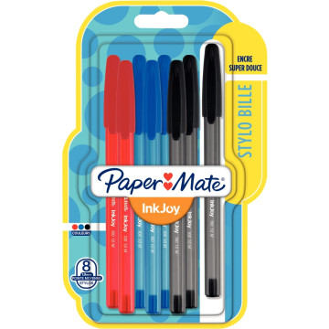 Blister de 8 stylos bille Papermate InkJoy 100 assortis