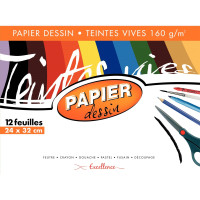 Pochette de 12 feuilles papier dessin 160g couleur format 24x32 cm teintes vives assorties 