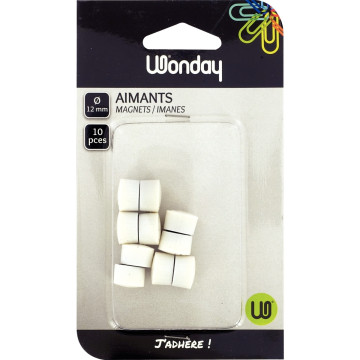 Blister de 10 punaises magnétiques, diamètre 12 mm.  Blanc