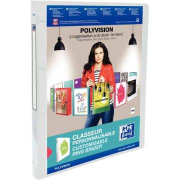 Classeur gamme transparence POLYVISION personnalisable dos 20 mm 4 anneaux ronds diamètre 15 mm format 21x29,7 cm incolore