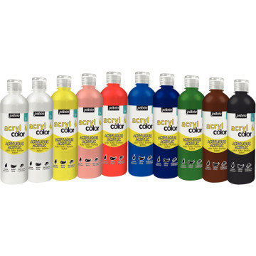 Carton 10 flacons 500 ml de peinture acrylique brillante ACRYLCOLOR couleurs standards