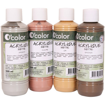 Lot de 4 flacons 250ml de peinture acrylique métal O'COLOR
