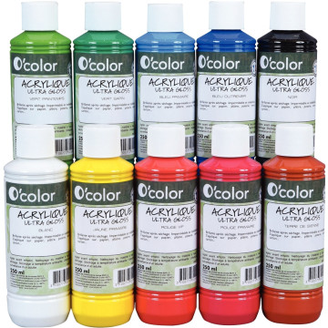 Lot de 10 flacons 250 ml de peinture acrylique O'COLOR, couleurs assorties