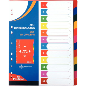 Jeu de 12 intercalaires en polypropylène 30/100ème, format A4+