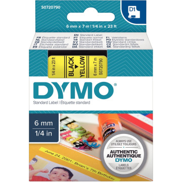 Ruban cassette Dymo 6 mm x 7 m noir et jaune