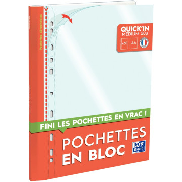 Bloc de 60 pochettes perforées A4 en polypropylène 5/100ème