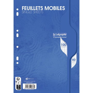 Sachet de 50 feuillets mobiles format A4, seyès, papier 80g blanc