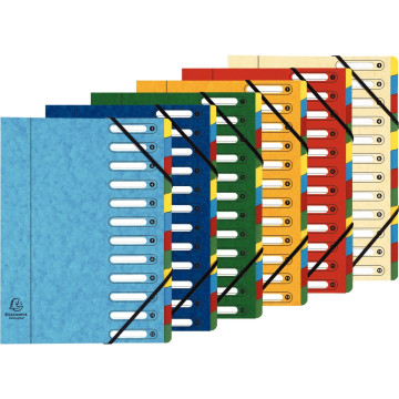 Trieur en carte lustrée 12 compartiments, fenêtres découpées, fermeture par élastiques