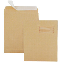 Boite de 250 pochettes kraft armé brun 3 soufflets C4 229x324 120 g/m² fenêtre 50x100 bande de protection 