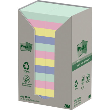 Tour distributrice de 24 blocs de 100 feuilles post-it recyclées et repositionnables 38x51 mm collection nature