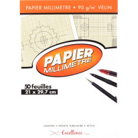 Bloc de 50 feuilles de papier millimétré, 90 g format 21x29,7 cm Excellence 