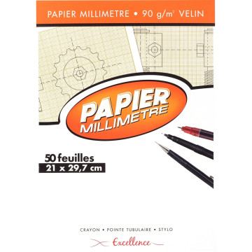 Bloc de 50 feuilles de papier millimétré, 90 g format 21x29,7 cm Excellence