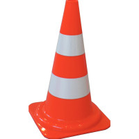 Cone de signalisation en plastique (polyéthylène) de couleur rouge fluorescent avec 2 rayures blanches 