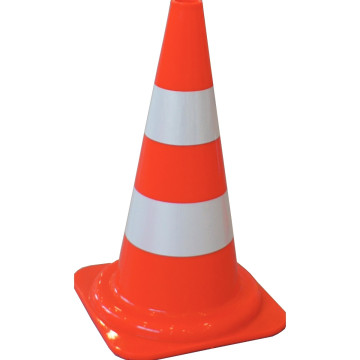 Cone de signalisation en plastique (polyéthylène) de couleur rouge fluorescent avec 2 rayures blanches