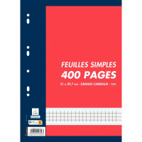 Sachet de 200 feuillets mobiles perforés (400 pages) format A4 séyès, papier blanc 70g 