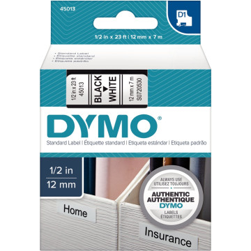 Ruban cassette Dymo 12 mm x 7 m noir et blanc