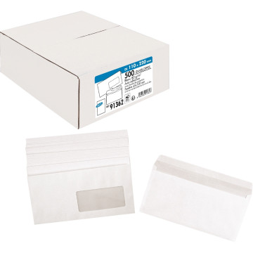 Boîte de 500 enveloppes blanches DL 110x220 80g/m² fenêtre 45x100 bande de protection