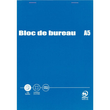 Bloc de bureau 100 feuilles 60g format A5 quadrillé 5x5