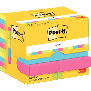 Paquet de 12 blocs notes de 100 feuilles Post-it adhésifs repositionnables énergie 38 x 51 mm assortis