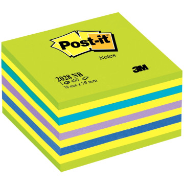 Cube de 450 feuilles de notes post-it repositionnables 76 x 76 mm néon bleu, vert, violet et jaune