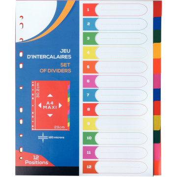 Jeu de 12 Intercalaires A4+ en polypropylène coloré 12/100ème