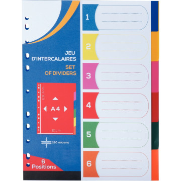 Jeu de 6 intercalaires A4 en polypropylène coloré 12/100ème